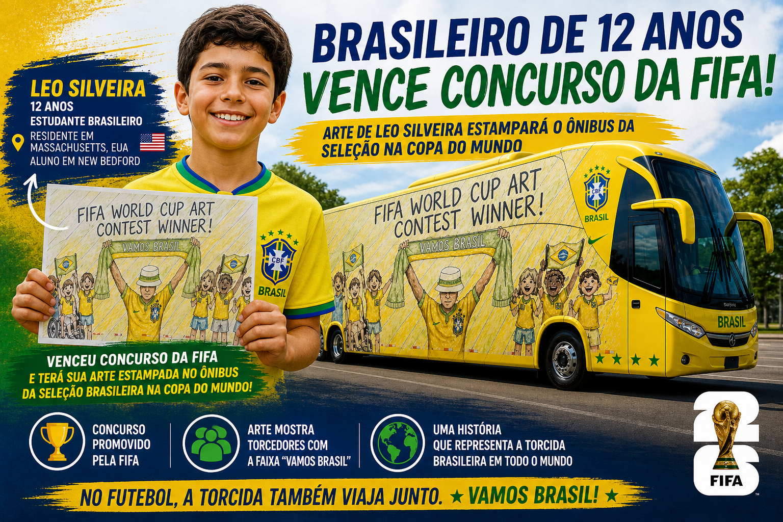 Brasileiro de 12 anos vence concurso da FIFA e terá arte no ônibus da Seleção na Copa